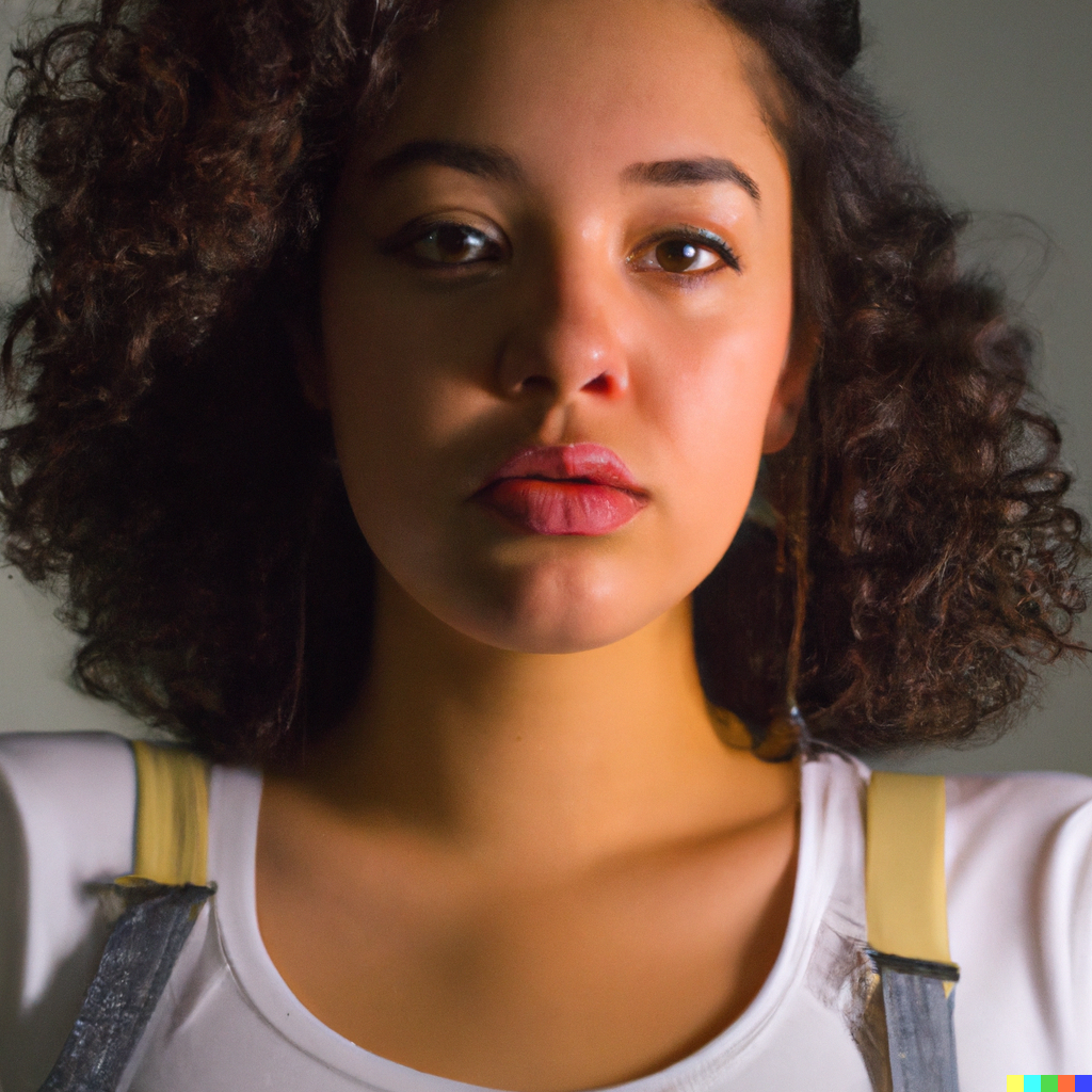 Photograph from the chest up. Biracial woman in her early twenties. She has curly hair, thick lips. She is wearing a plain white T-shirt under overalls.